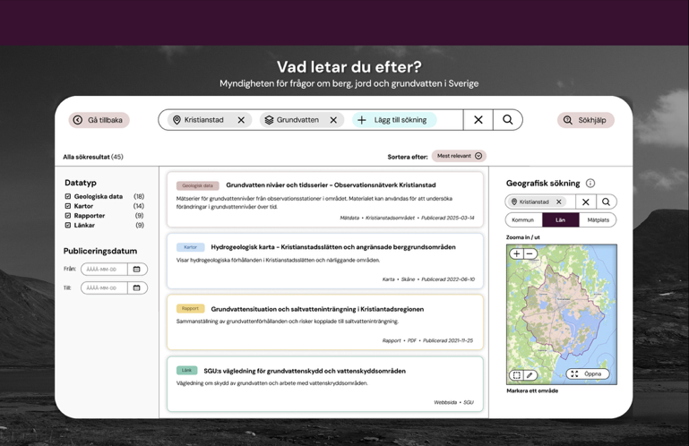 SGU – prototyp av sökresultat med filter och karta